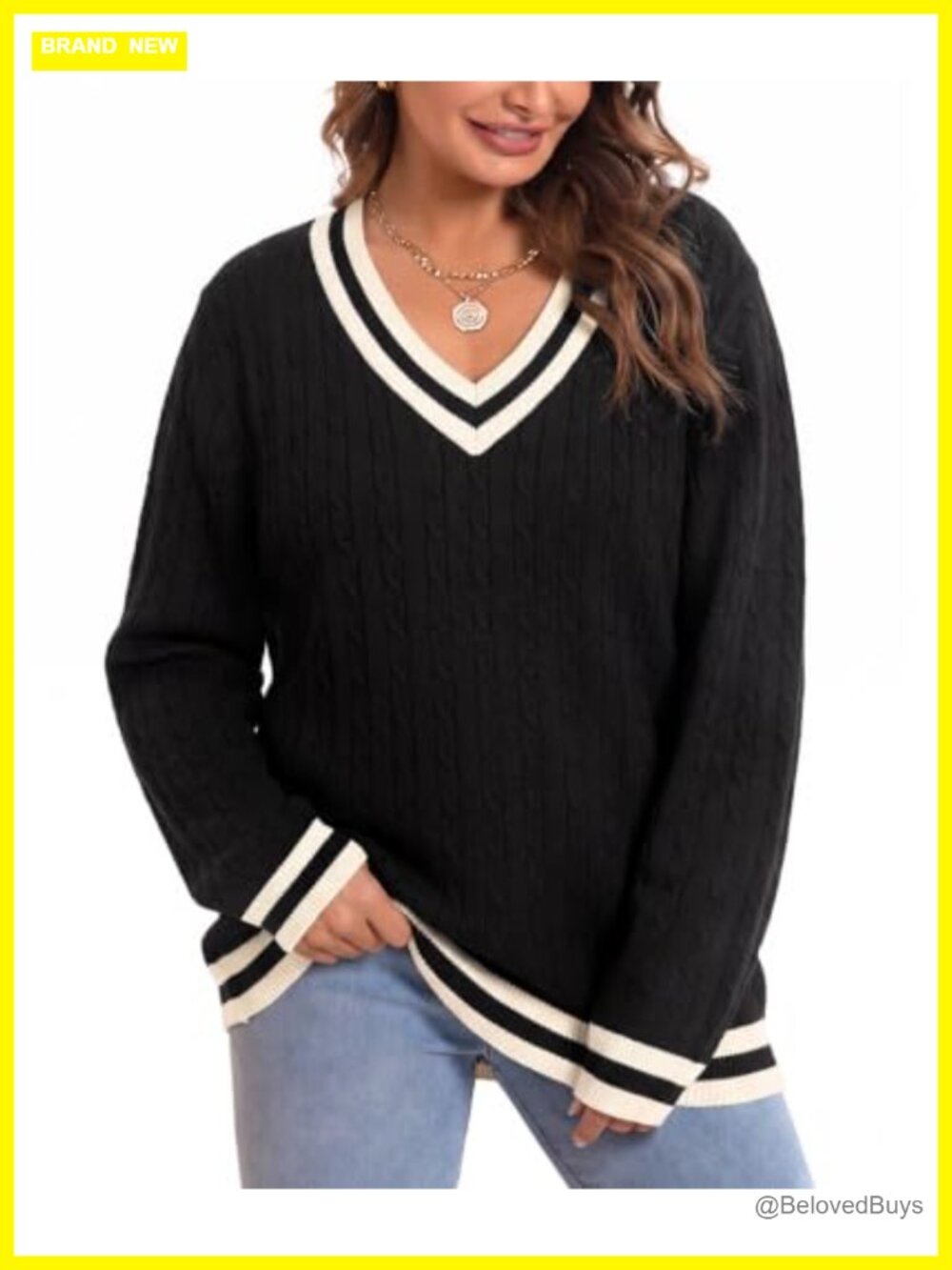 Plus Size Cable Knit V-Neck Long Sleeve Pullover Sweater